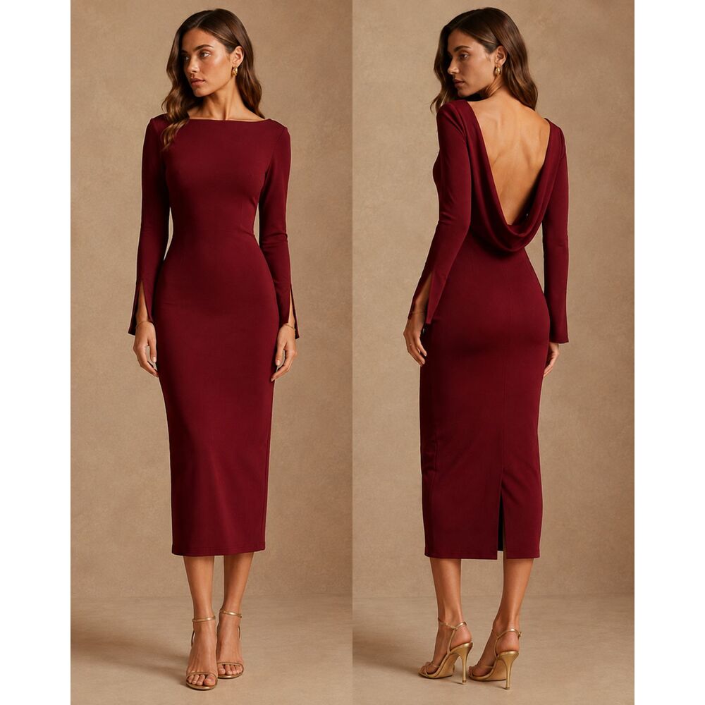 Katie May Surrender Dress Large Burgundy Open Back Long Sleeve Bodycon Midi